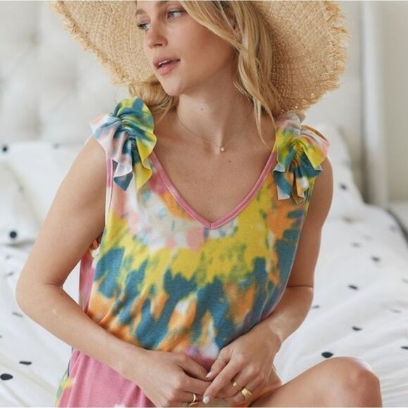 🤩SALE🤩 BiBi Tie Dye Knit V Neck Top Ruffle Strap Colorful Tank Top - Picture 7 of 8